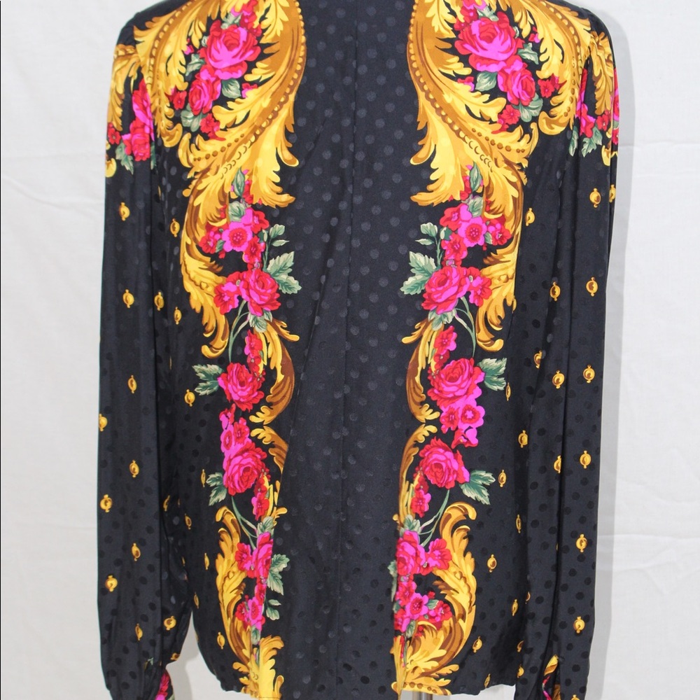 Vintage Beautiful 1980s Black Silk Floral Blouse